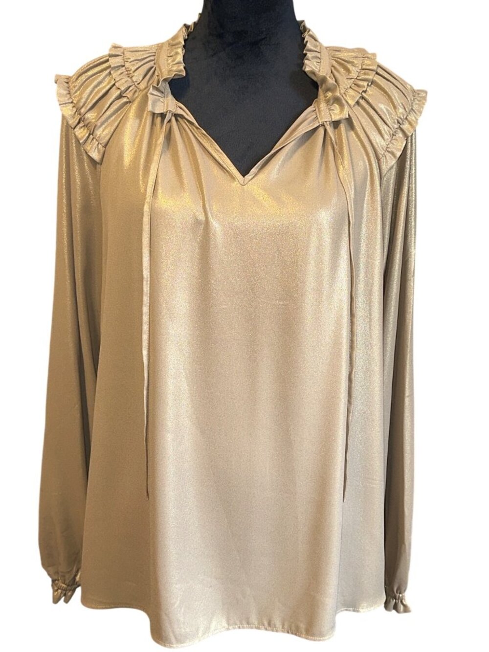 Shimmery Gold Ruffled Collar Long Sleeve Blouse By JM Sportswear XL